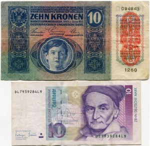 Austria 10 crowns 1915 (1919), Germany 10 marks 1993 (2pc).