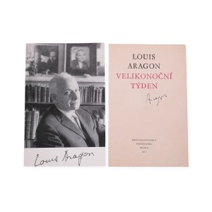 Louis Aragon (1897 - 1982) | Signature on photo and page from book