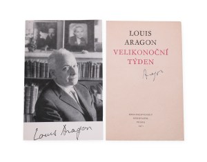 Louis Aragon (1897 - 1982) | Signature on photo and page from book