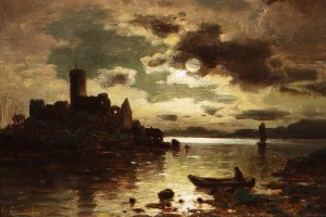 ADOLF CHWALA (CZECH / BOHEMIAN 1836 - 1900) - Moon landscape with lake