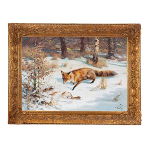 OTAKAR ČÍLA (CZECH / BOHEMIAN 1894 - 1977) - Fox with hare in winter landscape