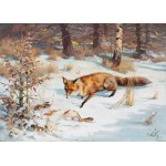 OTAKAR ČÍLA (CZECH / BOHEMIAN 1894 - 1977) - Fox with hare in winter landscape
