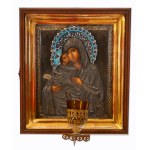 ICON OF THE VIRGIN OF ELEUSIS WITH SILVER DRESSING AND LAMP | RUSSIA (RUSSIA / RUSSIAN)