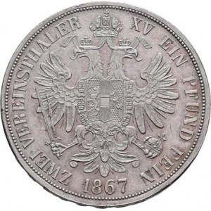 Rakouská a spolková měna, údobí let 1857 - 1892, 2 Tolar spolkový 1867 A (pouze 8.300 ks), 36.934g,
