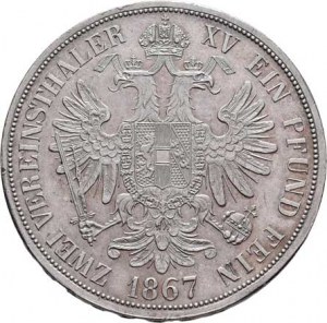 Rakouská a spolková měna, údobí let 1857 - 1892, 2 Tolar spolkový 1867 A (pouze 8.300 ks), 36.934g,