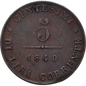 Revoluční vláda v Benátsku, 1848 - 1849, 5 Centesimi 1849 ZV, Cr.183 (měď), 5.051g, vada