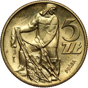 PRL, 5 złotych 1959, Rybak, PRÓBA, mosiądz