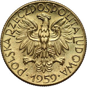 PRL, 5 złotych 1959, Rybak, PRÓBA, mosiądz