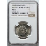 Germany, Saxony, Albert, 2 Mark 1902 E, Muldenhütten, Commemorating the death of King Albert