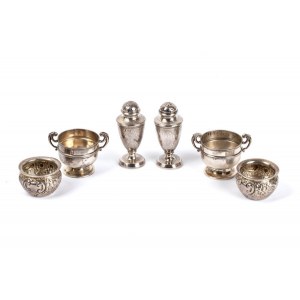 Three pairs of English solid silver salt shakers