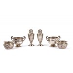 Three pairs of English solid silver salt shakers