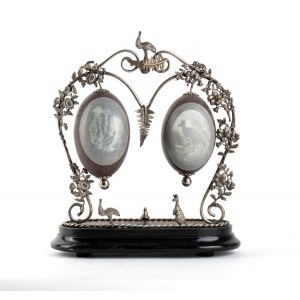 A pair of silver-plated mounted painted Emu eggs