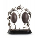 A pair of silver-plated mounted painted Emu eggs