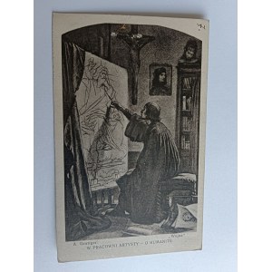 POSTCARD POLISH PAINTING GROTTGER IN THE ARTIST'S STUDIO, PRE-WAR DAMAGED