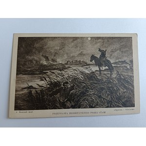 POSTCARD POLISH PAINTING KOSSAK OGNIEM I MIECZEM SKRZETUSKI, PRE-WAR DAMAGED