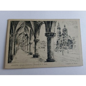 POSTCARD POLISH PAINTING KRAKOW ARCADES OF CLOTHS AND CHURCH OF EGM, PRE-WAR DAMAGED