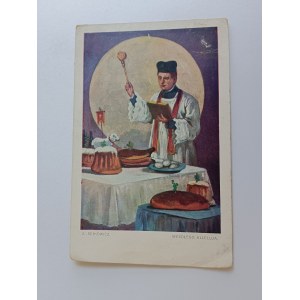 POHĽADNICA MAĽBA POĽSKÝ SETKOWICZ KŇAZ, SVÄTENIE JEDLA, PREDVOJNOVÁ, POŠKODENÁ, MIERNE ODLEPENÁ