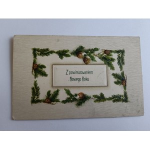 POSTCARD POLISH PAINTING EMBOSSED, CONES, NEW YEAR, PRE-WAR, STAMP, STAMPED