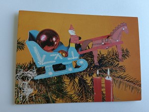 PRL CHRISTMAS POSTCARD, MAL ZBORSKI CHRISTMAS TREE ORNAMENTS ST. MIKOŁAJ SANIE