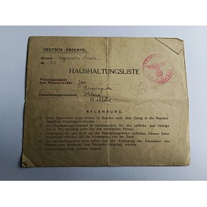 LISTA GOSPODARCZA MIESZKANIA HAUSHALTUNGSLISTE PRZEMYŚL 1940 R