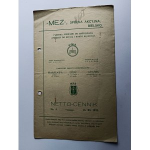 CENNIK MEZ SPÓŁKA AKCYJNA BIELSKO FABRYKA JEDWABIU DO HAFTOWANIA I PRZĘDZY DO SZYCIA 1933 R