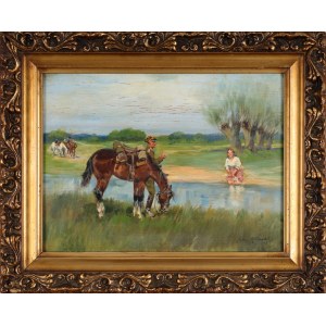 Jerzy KOSSAK (1886-1955), Lancer avec une fille - Rencontre à la rivière (1953)