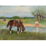Jerzy KOSSAK (1886-1955), Lancer avec une fille - Rencontre à la rivière (1953)