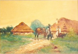 Adam Setkowicz(1875-1945),Scena przed chatą