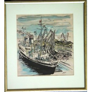 Antoni Uniechowski(1903-1976),M/S Batoryw Gdyni przy nabrzeżu Gdynia- Ameryka Line w 1946 roku przed pierwszym rejsem powojennym.