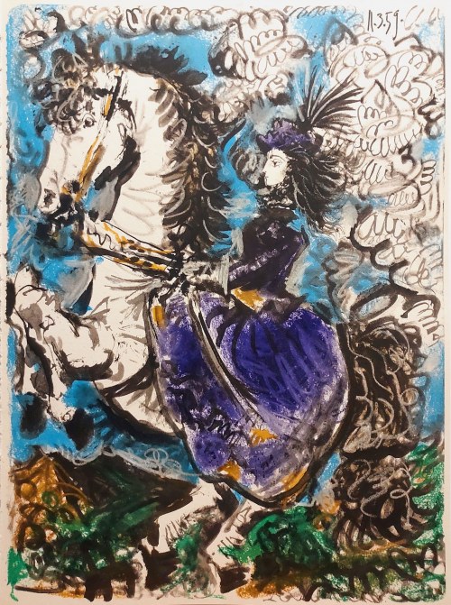 Pablo Picasso (1881 - 1973), 'Jacqueline in a purple dress on a white horse'' z cyklu 