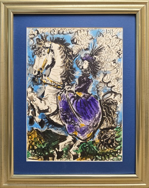 Pablo Picasso (1881 - 1973), 'Jacqueline in a purple dress on a white horse'' z cyklu 