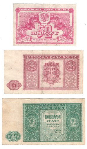 50 pennies 1944, 1 zloty 1946, 2 zloty 1946 - set of 3 pieces