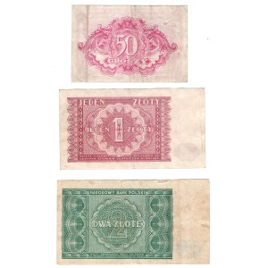 50 groszy 1944, 1 złoty 1946, 2 złote 1946 - zestaw 3 sztuk