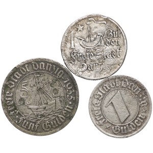 Wolne Miasto Gdańsk, 5 guldenów 1935, 1 gulden 1923, 1 gulden 1932 - zestaw 3 sztuk