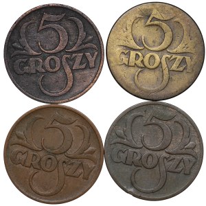 Second Republic, 5 pennies (1923, 1931, 1937, 1939) - set of 4 pieces