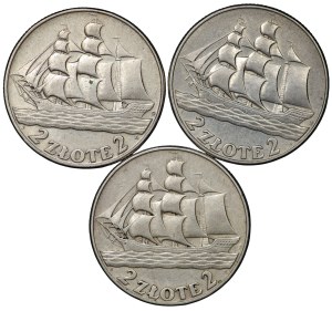 II RP, 2 gold 1936 Sailing ship - set of 3 pieces