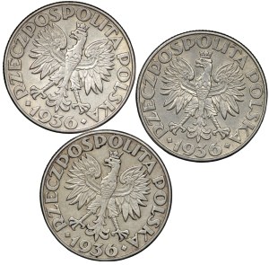 II RP, 2 gold 1936 Sailing ship - set of 3 pieces