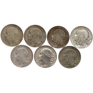 II RP, 5 złotych 1933 Głowa kobiety - zestaw 7 sztuk