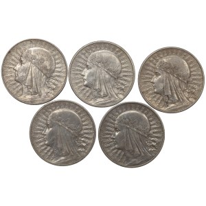 II RP, 10 złotych 1932 Głowa Kobiety ( 4 x BZM, 1 ZZM) Głowa Kobiety - zestaw 5 sztuk