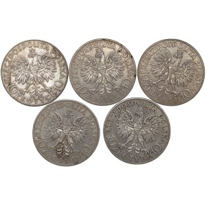 II RP, 10 złotych 1932 Głowa Kobiety ( 4 x BZM, 1 ZZM) Głowa Kobiety - zestaw 5 sztuk