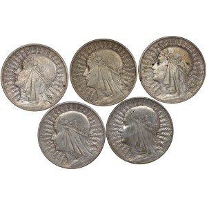 II RP, 10 złotych 1932 Głowa Kobiety ( 4 x BZM, 1 ZZM) Głowa Kobiety - zestaw 5 sztuk