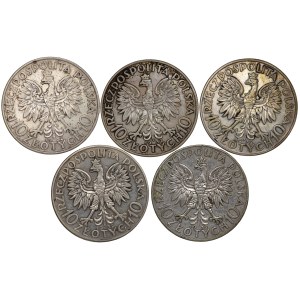 II RP, 10 złotych 1932 Głowa Kobiety ( 4 x BZM, 1 ZZM) Głowa Kobiety - zestaw 5 sztuk
