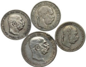 Austria, 3 x 1 crown 1893, 1894, 1915, 2 crowns 1913 - set of 4 pieces