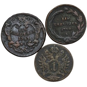 Austria, 1 krutzer 1762, 1790, 1800- zestaw 3 sztuk