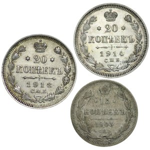 Rosja, 20 kopiejek 1913, 20 kopiejek 1914, 15 kopiejek 1903 - zestaw 3 sztuk