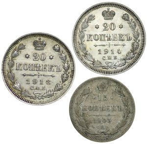 Russia, 20 kopecks 1913, 20 kopecks 1914, 15 kopecks 1903 - set of 3 pieces
