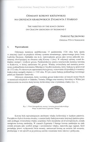 Warszawski Pamiętnik Numizmatyczny 7 - among other things, a detailed description of the varieties of the royal crown on the Cracow pennies of Sigismund I the Old (D. Pączkowski)
