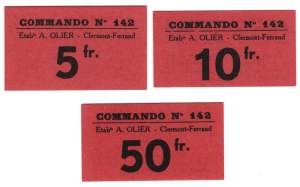 Francja, bony na 5, 10, 50 francs - Commando No 142, A. OLIER, Clermont-Ferrand