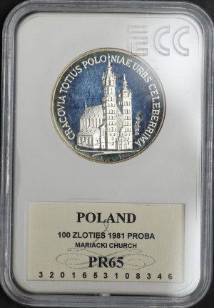 People's Republic of Poland, 100 zloty 1981, sample SILVER - St. Mary's Church in Krakow