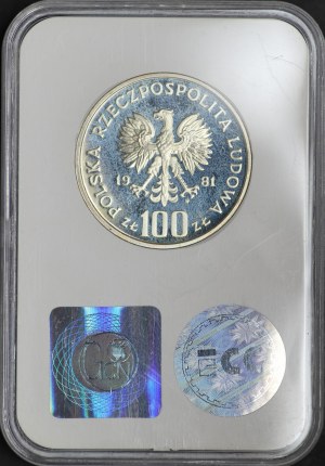 People's Republic of Poland, 100 zloty 1981, sample SILVER - St. Mary's Church in Krakow